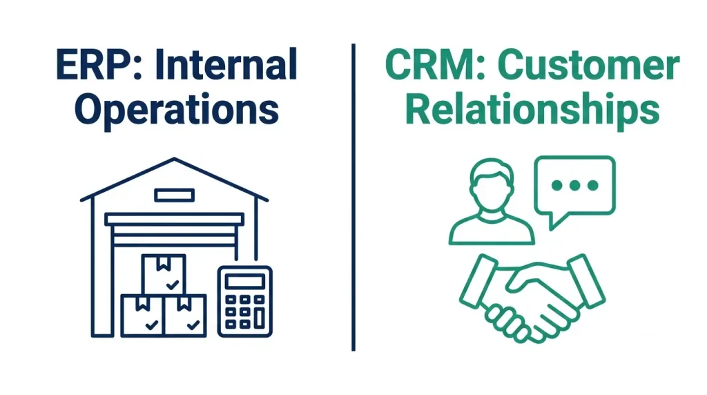 Infographic comparing ERP and CRM: ERP manages internal operations, CRM manages customer relationships